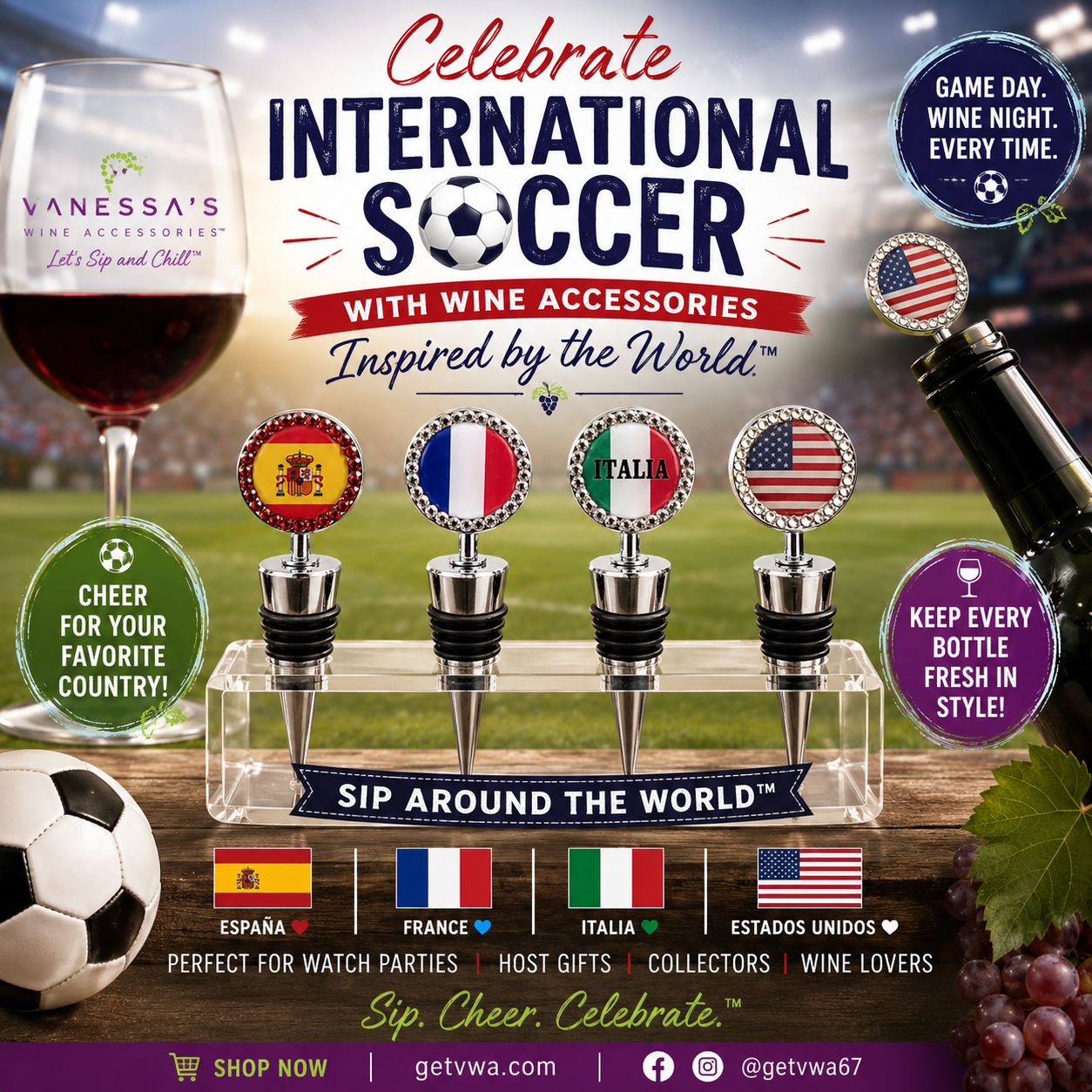 Celebrate International Soccer with Country Flag Rhinestone Wine Bottle Stoppers